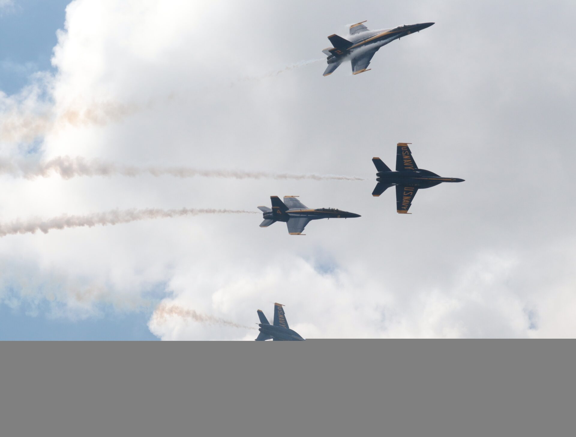 Blue Angels in tight formation in the sky
