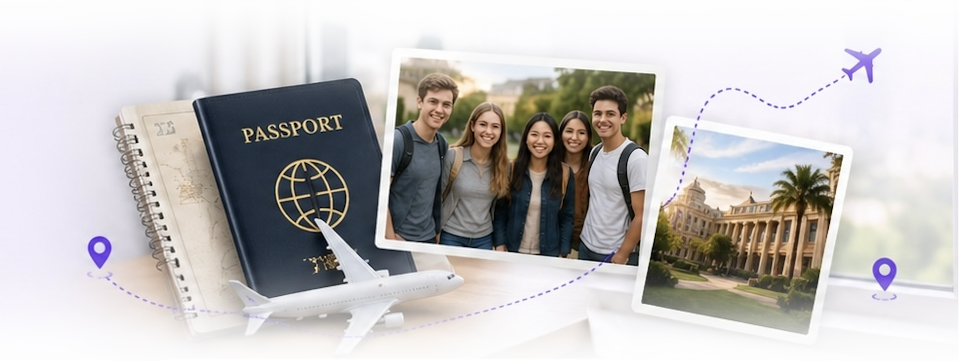 Passport, students and a U.S. school campus — visa process collage