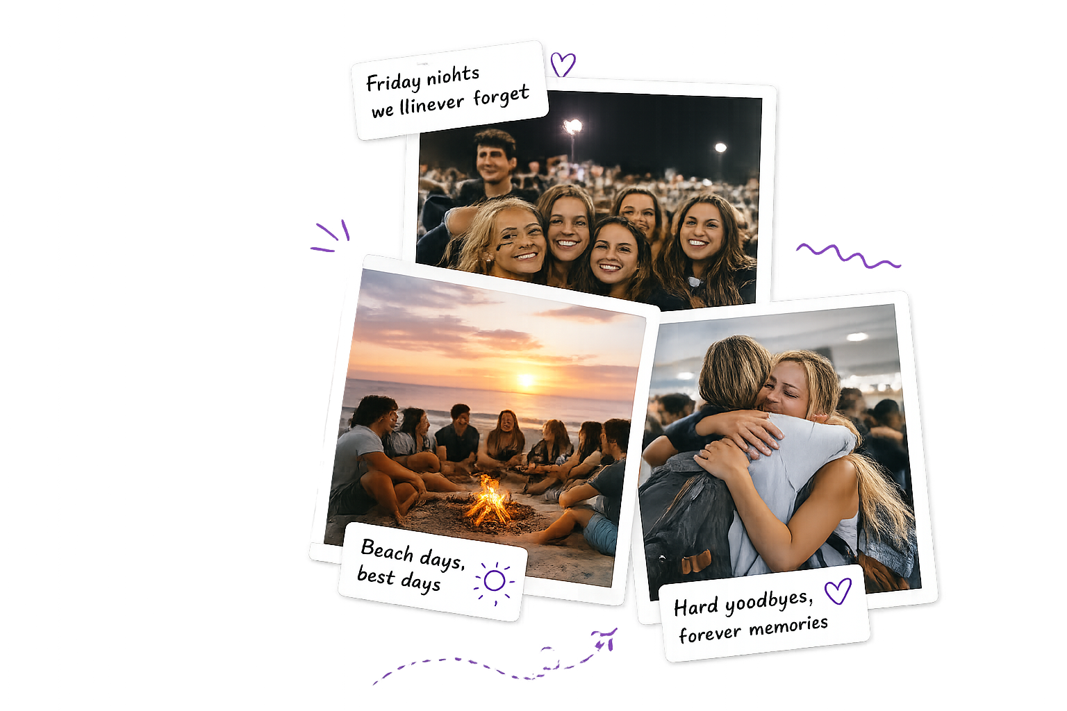 Students laughing together on a Florida beach at sunset