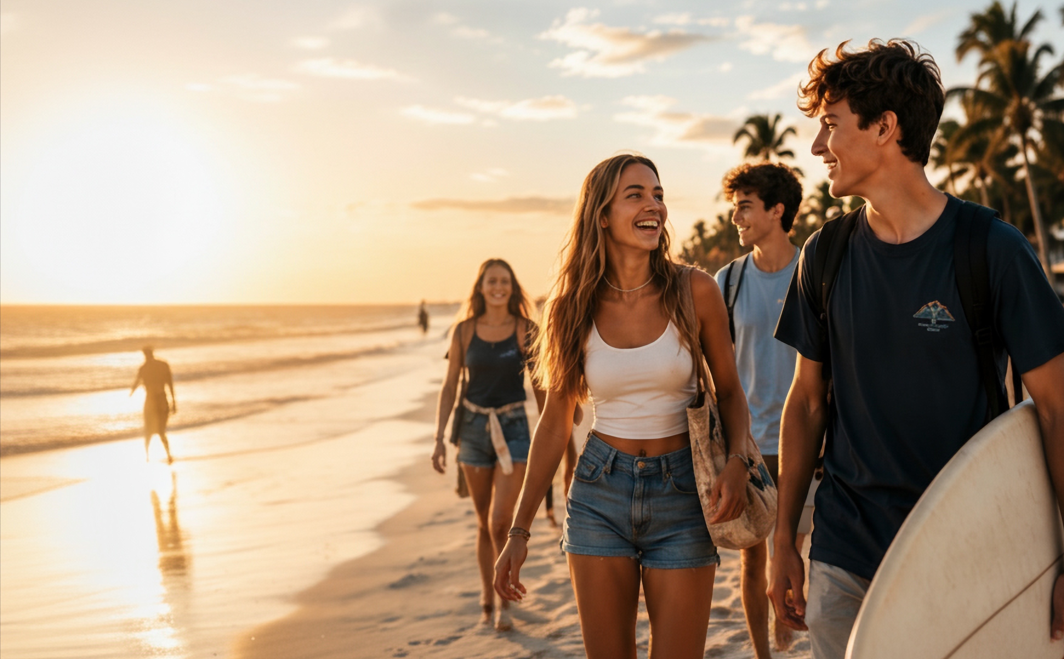 International teenagers walking on a Florida beach at sunset, surfboard, warm golden hour light