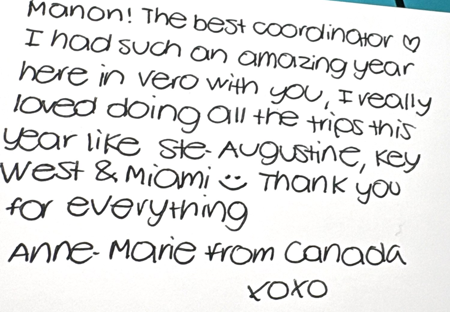 Handwritten goodbye letter from Anne-Marie (Canada) after the exchange year in Vero Beach, Florida