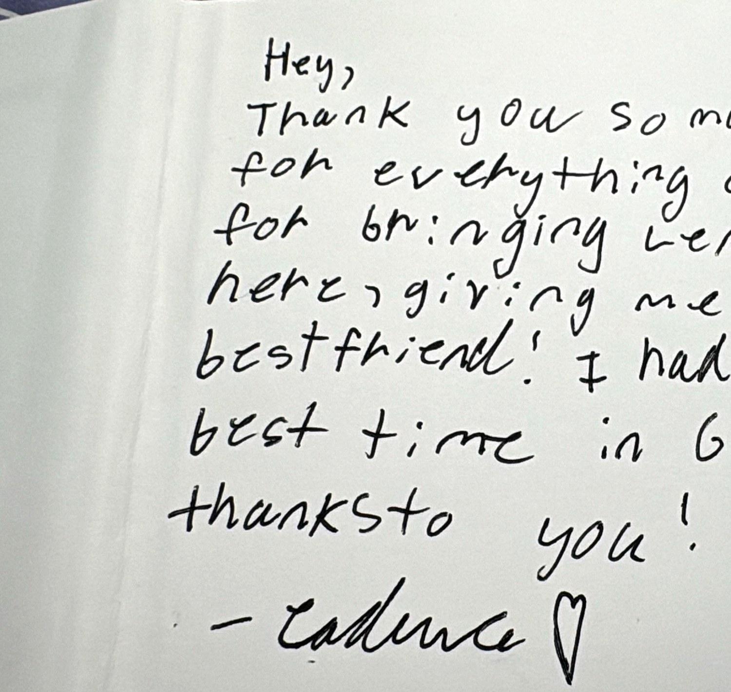 Handwritten goodbye letter from Cadence (Florida, USA) after the exchange year in Vero Beach, Florida