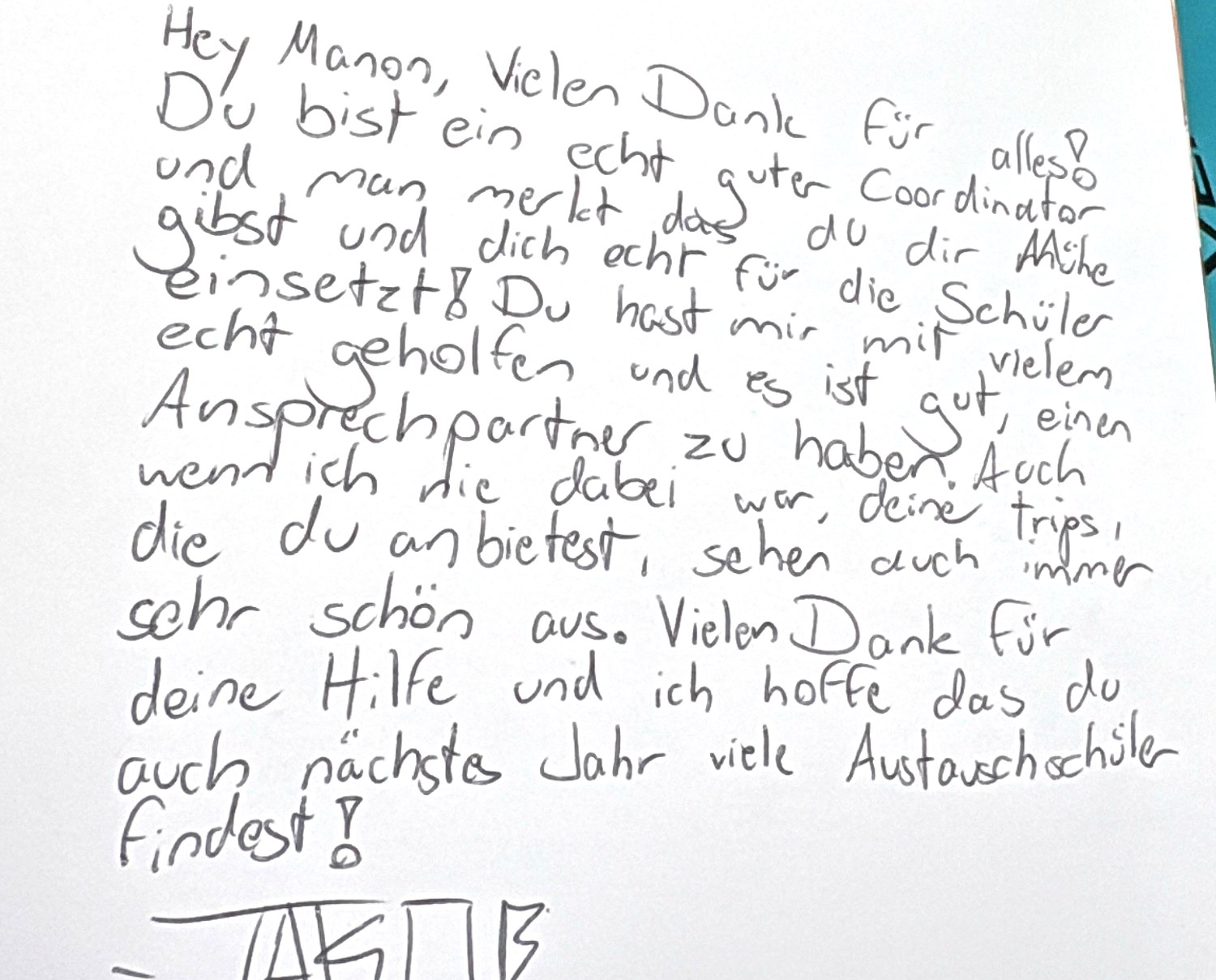 Handwritten goodbye letter from Jakob (Germany) after the exchange year in Vero Beach, Florida