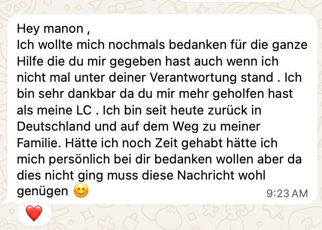 WhatsApp message from Nora (Germany) after returning from the exchange year