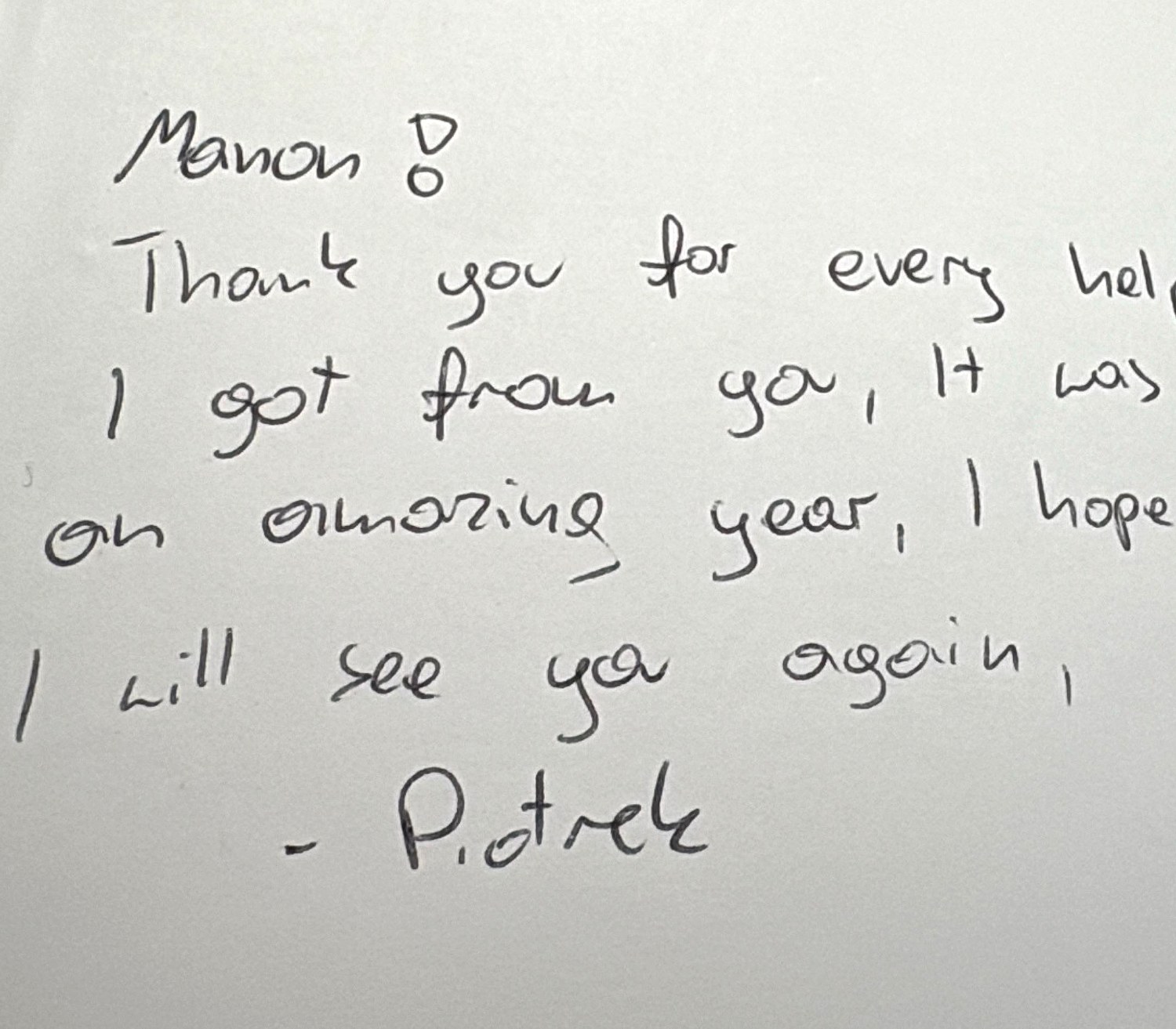 Handwritten goodbye letter from Piotrek (Poland) after the exchange year in Vero Beach, Florida